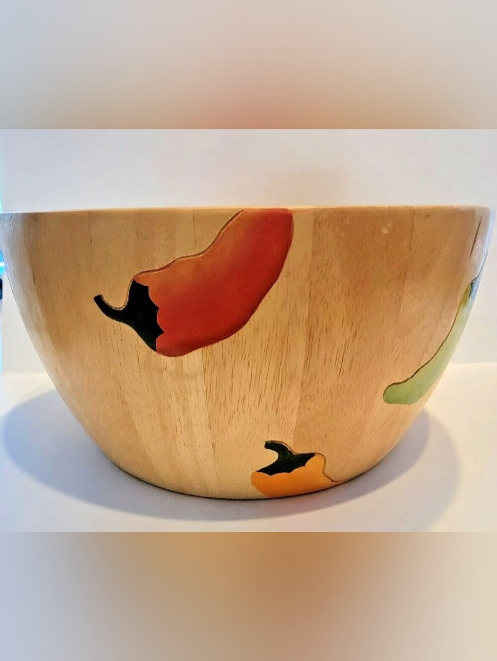 Clay Art Wooden Salad Bowl- Hand Painted Chili Peppers 12"×6"
